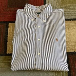 Ralph Lauren Classic Fit White Grey Striped Button Down Shirt Sz 17.5 34/35
